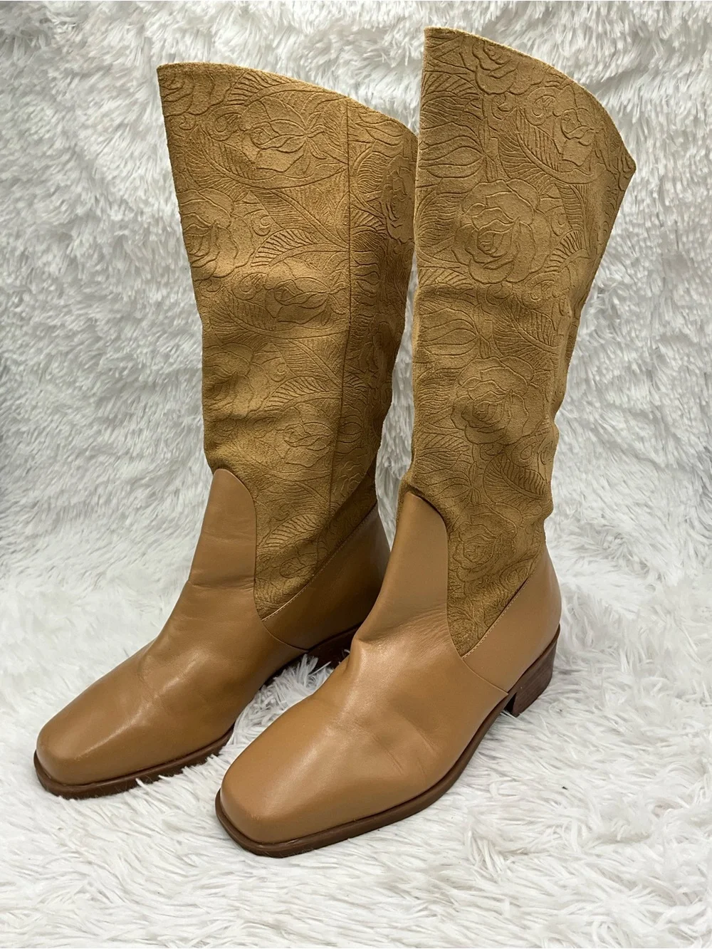 Markon “Suela” Mid Calf Boots Size 7W Tan Leather Suede Floral Embossed Boots